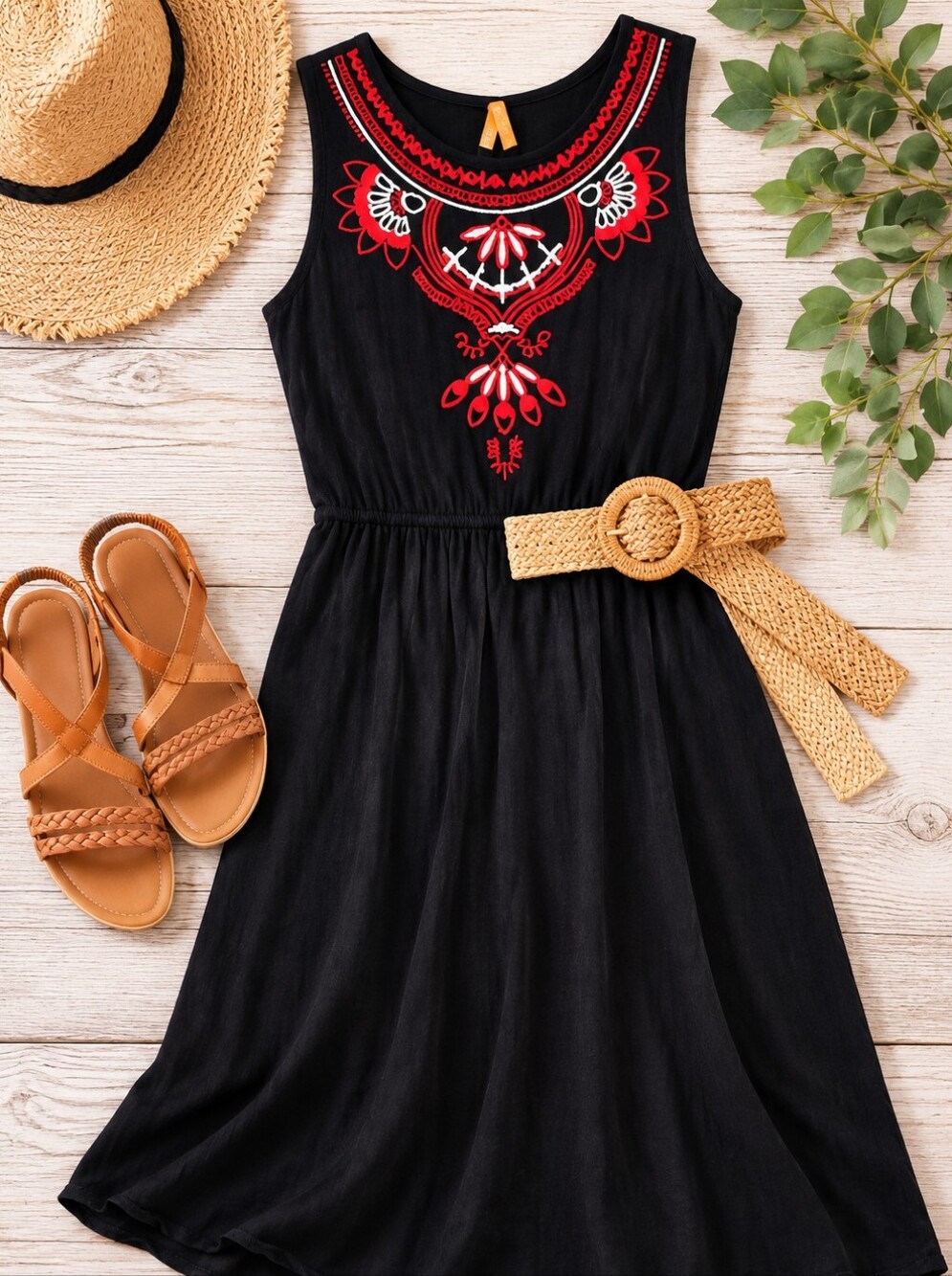 Embroidered Black Sleeveless Mini Dress 100% Rayon